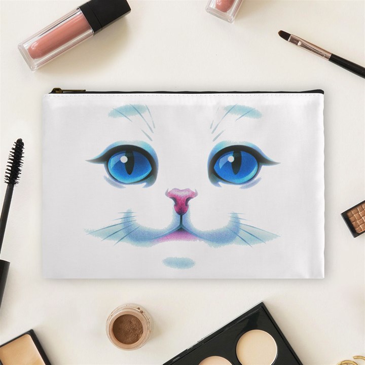 Cute White Cat Blue Eyes Face Cosmetic Bag (Large) 