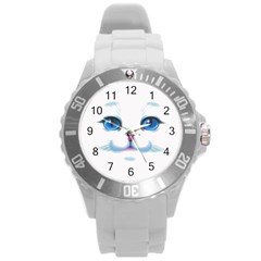 Cute White Cat Blue Eyes Face Round Plastic Sport Watch (l) by BangZart