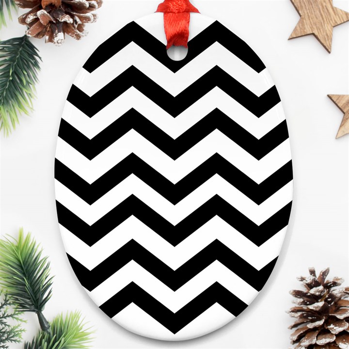 Black And White Chevron Oval Ornament (Two Sides)