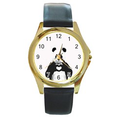 Panda Love Heart Round Gold Metal Watch by BangZart