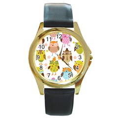 Cute Owls Pattern Round Gold Metal Watch by BangZart