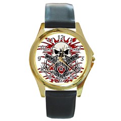 Skull Tribal Round Gold Metal Watch by Valentinaart