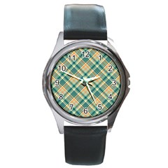 Teal Plaid 1 Round Metal Watch