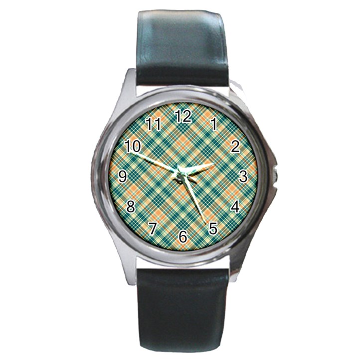 Teal Plaid 1 Round Metal Watch