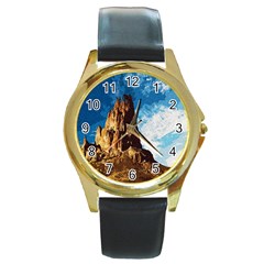 Landscape Round Gold Metal Watch by Valentinaart