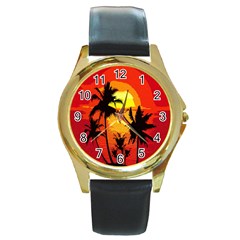 Landscape Round Gold Metal Watch by Valentinaart