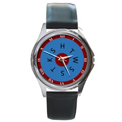 Mmm Roman Numerals With Htwsstks On Colured Face - Round Leather Watch (silver Rim) by mdnp