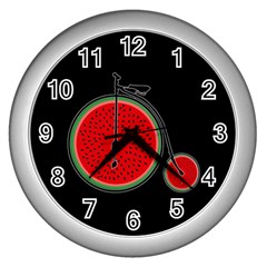 Watermelon Bicycle  Wall Clocks (silver)  by Valentinaart