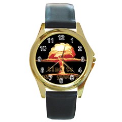 Nuclear Explosion Round Gold Metal Watch by Valentinaart