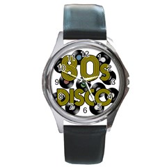  80s Disco Vinyl Records Round Metal Watch by Valentinaart