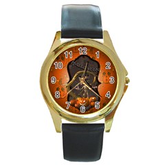 Halloween, Funny Mummy With Pumpkins Round Gold Metal Watch by FantasyWorld7