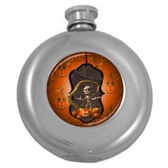 Halloween, Funny Mummy With Pumpkins Round Hip Flask (5 Oz) by FantasyWorld7