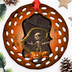 Halloween, Funny Mummy With Pumpkins Ornament (round Filigree) by FantasyWorld7