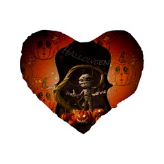 Halloween, Funny Mummy With Pumpkins Standard 16  Premium Flano Heart Shape Cushions by FantasyWorld7