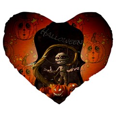 Halloween, Funny Mummy With Pumpkins Large 19  Premium Flano Heart Shape Cushions by FantasyWorld7