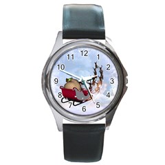 Christmas, Santa Claus With Reindeer Round Metal Watch by FantasyWorld7