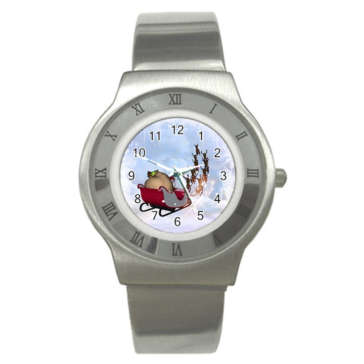 Christmas, Santa Claus With Reindeer Stainless Steel Watch