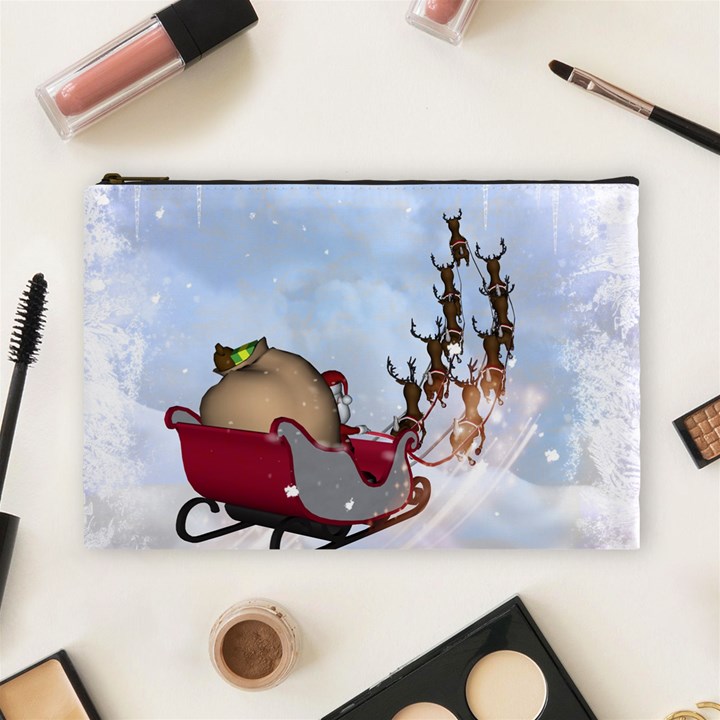 Christmas, Santa Claus With Reindeer Cosmetic Bag (Large) 