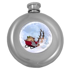 Christmas, Santa Claus With Reindeer Round Hip Flask (5 Oz) by FantasyWorld7