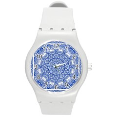 Blue Mandala Art Pattern Round Plastic Sport Watch (m) by paulaoliveiradesign