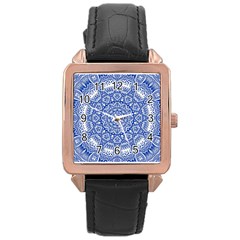 Blue Mandala Art Pattern Rose Gold Leather Watch 