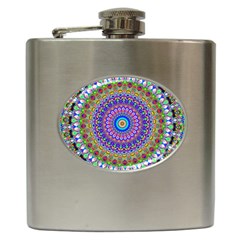 Colorful Purple Green Mandala Pattern Hip Flask (6 Oz) by paulaoliveiradesign