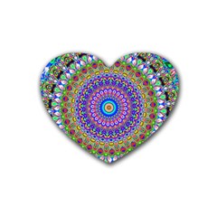 Colorful Purple Green Mandala Pattern Rubber Coaster (heart)  by paulaoliveiradesign