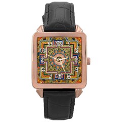 Asian Art Mandala Colorful Tibet Pattern Rose Gold Leather Watch  by paulaoliveiradesign