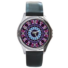 Kaleidoscope Mandala Purple Pattern Art Round Metal Watch