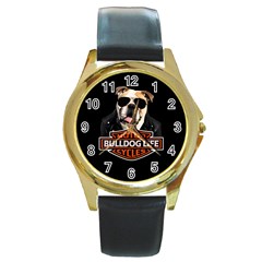 Bulldog Biker Round Gold Metal Watch by Valentinaart