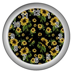 Sunflowers Pattern Wall Clocks (silver)  by Valentinaart