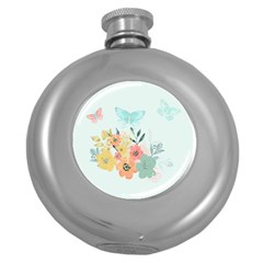 Watercolor Floral Blue Cute Butterfly Illustration Round Hip Flask (5 Oz) by paulaoliveiradesign