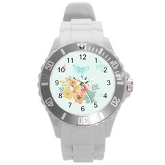 Watercolor Floral Blue Cute Butterfly Illustration Round Plastic Sport Watch (l) by paulaoliveiradesign