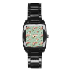 Vintage Blue Wallpaper Floral Pattern Stainless Steel Barrel Watch by paulaoliveiradesign