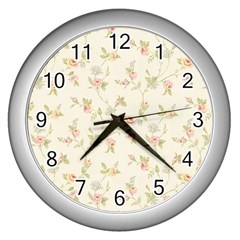 Floral Paper Pink Girly Cute Pattern  Wall Clocks (silver)  by paulaoliveiradesign