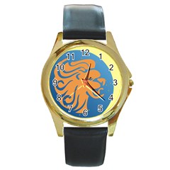 Lion Zodiac Sign Zodiac Moon Star Round Gold Metal Watch by Nexatart