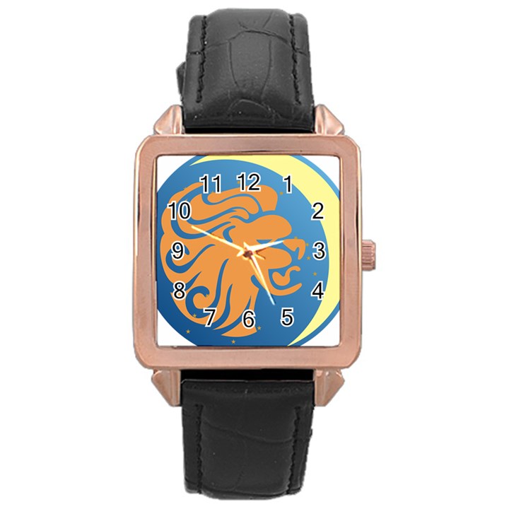 Lion Zodiac Sign Zodiac Moon Star Rose Gold Leather Watch 