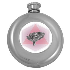 Lizard Hexagon Rosa Mandala Emblem Round Hip Flask (5 Oz) by Nexatart