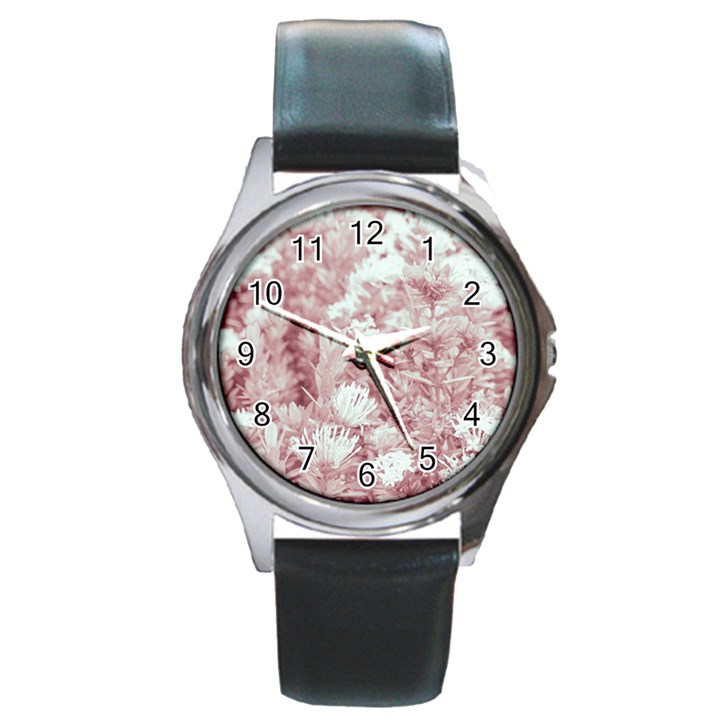 Pink Colored Flowers Round Metal Watch