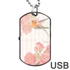 Vintage Roses Floral Illustration Bird Dog Tag Usb Flash (one Side) by paulaoliveiradesign