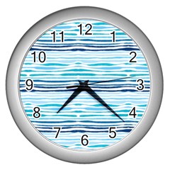 Watercolor Blue Abstract Summer Pattern Wall Clocks (silver)  by TastefulDesigns