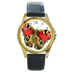 Butterfly Bright Vintage Drawing Round Gold Metal Watch by Nexatart