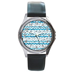 Baby Blue Chevron Grunge Round Metal Watch by designworld65