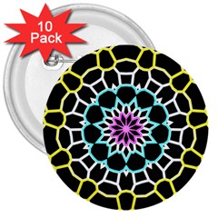 Colored Window Mandala 3  Buttons (10 Pack) 