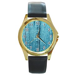 Denim Jeans Fabric Texture Round Gold Metal Watch by paulaoliveiradesign