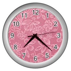 Floral Rose Flower Embroidery Pattern Wall Clocks (silver)  by paulaoliveiradesign