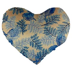 Fabric Embroidery Blue Texture Large 19  Premium Flano Heart Shape Cushions by paulaoliveiradesign