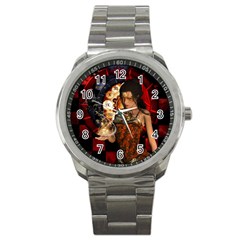 Steampunk, Beautiful Steampunk Lady With Clocks And Gears Sport Metal Watch by FantasyWorld7