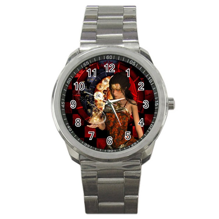 Steampunk, Beautiful Steampunk Lady With Clocks And Gears Sport Metal Watch