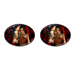 Steampunk, Beautiful Steampunk Lady With Clocks And Gears Cufflinks (oval) by FantasyWorld7